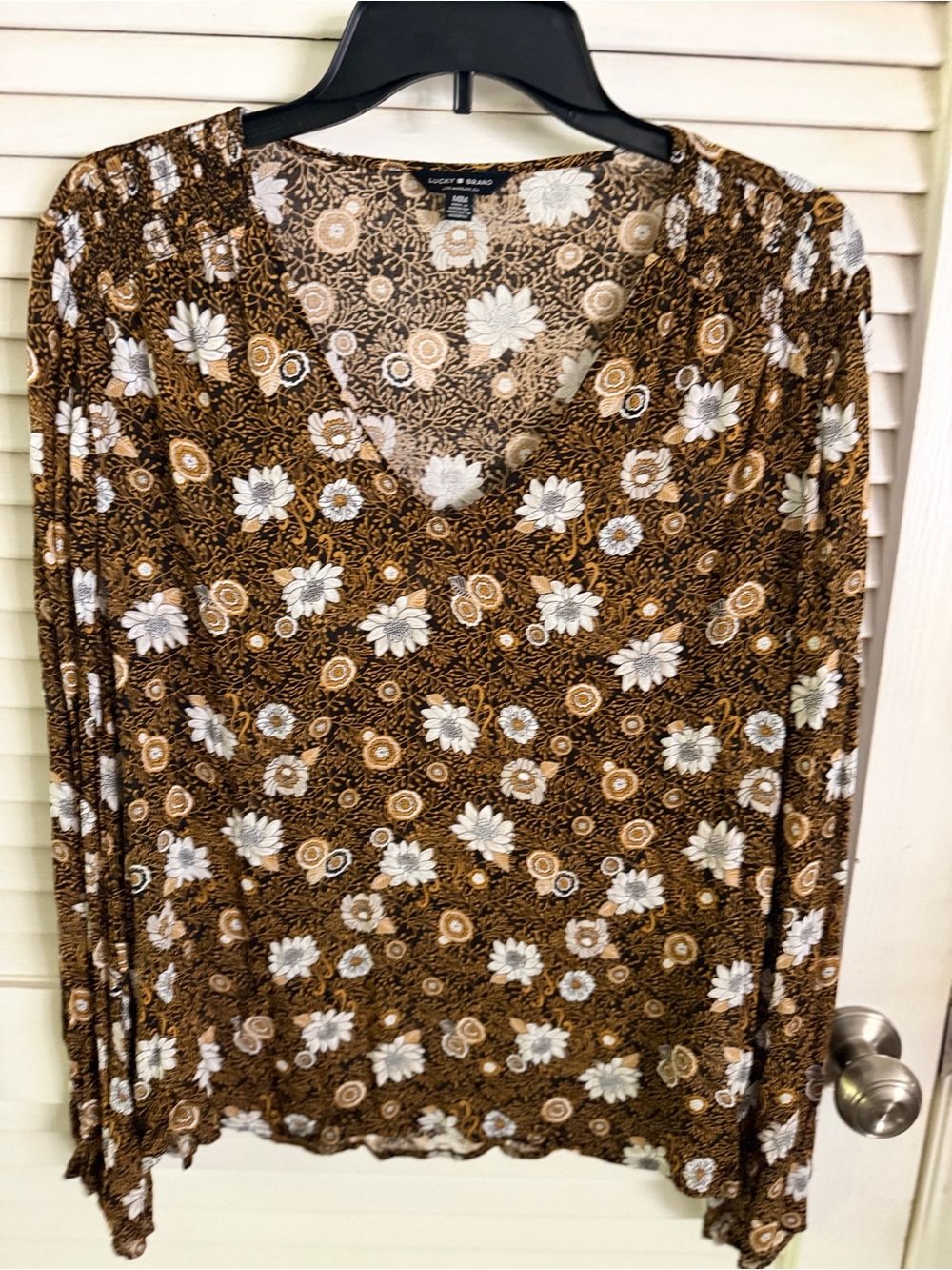 Lucky Brand Brown Floral V-Neck Long Sleeve Top Medium EUC